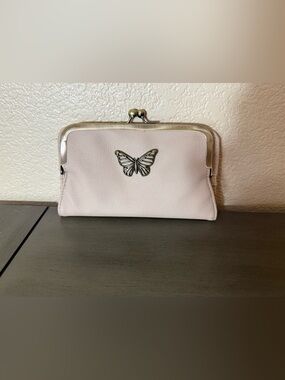 Genuine Leather Butterfly Kiss Lock Wallet Blush Pink Clutch